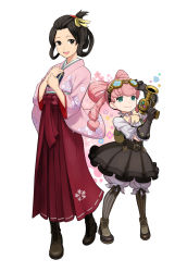 Rule 34 | 2girls, ace attorney, black footwear, black gloves, black hair, black legwear, black skirt, blue eyes, boots, closed mouth, gloves, goggles, goggles on head, hair ribbon, hair rings, hakama, hakama skirt, hands up, highres, holding, iris wilson, japanese clothes, kimono, looking at viewer, mikami, susato mikotoba, multiple girls, open mouth, pants, pink hair, pink kimono, red hakama, ribbon, shirt, shoes, short hair, short sleeves, simple background, skirt, smile, socks, the great ace attorney, the great ace attorney: adventures, twintails, updo, white background, white pants, white shirt, wide sleeves, yellow ribbon