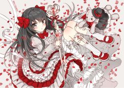 Rule 34 | 1girl, artist name, bad id, bad twitter id, black eyes, black hair, blush, bow, dated, dress, frills, hair bow, long hair, looking at viewer, mary janes, nardack, petals, shoes, solo, staff, stuffed animal, stuffed toy, teddy bear, white legwear