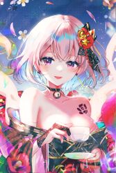 Rule 34 | 1girl, airani iofifteen, airani iofifteen (new year), alternate hair length, alternate hairstyle, bare shoulders, bell, black choker, blue sky, blush, breast tattoo, breasts, choker, cleavage, cup, earrings, flower, hair ornament, highres, holding, holding cup, hololive, hololive indonesia, japanese clothes, jewelry, kimono, large breasts, looking at viewer, neck bell, off shoulder, open mouth, outdoors, short hair, sky, smile, solo, sowon, tattoo, virtual youtuber