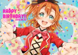 Rule 34 | 10s, 1girl, 2016, :d, balloon, birthday, blush, bow, bowtie, confetti, dated, earrings, green eyes, hair bow, happy, happy birthday, jewelry, kosaka honoka, lilylion26, long sleeves, looking at viewer, love live!, love live! school idol project, love live! the school idol movie, one side up, open mouth, orange hair, outstretched arms, short hair, side ponytail, smile, solo, sunny day song
