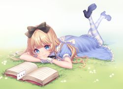 Rule 34 | 1girl, alice (alice in wonderland), alice in wonderland, artist name, black footwear, blonde hair, blue dress, blue eyes, blush, book, bow, card, dress, flower, frilled dress, frills, full body, grass, hair bow, head rest, high heels, legs up, long hair, looking at viewer, lying, mary janes, on back, open book, pantyhose, playing card, puffy short sleeves, puffy sleeves, reading, sakura shiho (shihoncake), shoes, short sleeves, smile, solo, spade (shape), striped clothes, striped pantyhose, wrist cuffs