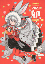Rule 34 | 1girl, 2023, black footwear, cape, chinese zodiac, daruma doll, doll, grey cape, grey eyes, grey hair, highres, holding, holding doll, kaneni, long hair, long sleeves, looking at viewer, original, pantyhose, rabbit, red background, red pantyhose, red sweater, shoes, solo, sweater, year of the rabbit