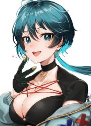 Rule 34 | 1girl, ayamo kaoru, black choker, black gloves, black shirt, borrowed character, breasts, choker, cleavage, commentary request, earrings, gloves, green eyes, green hair, hair between eyes, heart, highres, jewelry, long hair, open clothes, original, ponytail, shirt, simple background, smile, solo, teeth, tongue, upper body, upper teeth only, white background