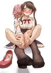 Rule 34 | 2girls, @ @, absurdres, aiharararara, barefoot, behind another, black pantyhose, blue eyes, blush, bow, breasts, brown hair, dorsiflexion, feet, foot focus, foot pussy, foreshortening, frilled skirt, frills, hair bow, highres, holding another&#039;s arm, hololive, large breasts, legs, long hair, looking at another, multiple girls, nail polish, no shoes, official alternate costume, oozora subaru, oozora subaru (casual), open mouth, pantyhose, pink nails, purple hair, red bow, red footwear, shoes, short hair, simple background, sitting, skirt, soles, spread toes, sweatdrop, sweater, takane lui, takane lui (1st costume), teeth, toenail polish, toenails, toes, twintails, unworn shoes, upper teeth only, virtual youtuber, white background, wings, yellow eyes