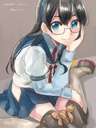 Rule 34 | 10s, 1girl, bare hips, black hair, black thighhighs, blue eyes, glasses, hairband, hand on own cheek, hand on own face, head rest, headrest, hip vent, kantai collection, koruri, long hair, looking at viewer, ooyodo (kancolle), pleated skirt, ribbon-trimmed legwear, ribbon trim, rimless eyewear, school uniform, sitting, skirt, smile, solo, thighhighs, zettai ryouiki