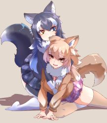 Rule 34 | 2girls, animal ear fluff, animal ears, biting, blue eyes, blush, boy (pixiv17542438), grabbing another&#039;s breast, breasts, brown hair, fang, fur collar, grabbing, gradient legwear, grey wolf (kemono friends), heterochromia, highres, japanese wolf (kemono friends), kemono friends, large breasts, long hair, looking at another, looking at viewer, multicolored clothes, multicolored hair, multicolored legwear, multiple girls, open mouth, pantyhose, skirt, smile, tail, two-tone hair, white hair, wolf ears, wolf girl, wolf tail, yellow eyes
