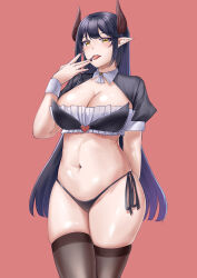 Rule 34 | 1girl, absurdres, arm behind back, bikini, black bikini, black hair, black thighhighs, breasts, cleavage, crop top, gradient hair, hand up, highres, horns, kaijiba, large breasts, legs together, long hair, maid, multicolored hair, nail polish, navel, original, pointy ears, purple hair, purple nails, red background, short sleeves, side-tie bikini bottom, simple background, solo, standing, stomach, swimsuit, thighhighs, tongue, tongue out, very long hair, wrist cuffs, yellow eyes