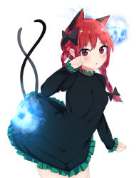 1girl, :o, akiira, animal ear fluff, animal ears, bangs, black bow, blush, bow, braid, breasts, cat ears, cat tail, cowboy shot, dress, extra ears, eyebrows visible through hair, frills, green dress, hair bow, hair ribbon, hand on own cheek, hand on own face, highres, hitodama, juliet sleeves, kaenbyou rin, leaning forward, long hair, long sleeves, looking at viewer, medium breasts, multiple tails, nekomata, parted lips, paw pose, pointy ears, puffy sleeves, red eyes, red hair, ribbon, simple background, solo, standing, tail, touhou, tress ribbon, twin braids, twintails, two tails, white background