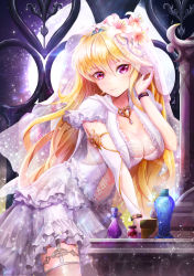 Rule 34 | 1girl, absurdres, armlet, asymmetrical sleeves, bad id, bad pixiv id, beads, blush, bottle, bracelet, breasts, bridal veil, brooch, cape, cleavage, closed mouth, cowboy shot, detached sleeves, dress, eyebrows, flower, frilled sleeves, frills, garter straps, gem, hair beads, hair between eyes, hair flower, hair ornament, hand in own hair, heart, highres, ironwork, jewelry, lace, large breasts, lens flare, light particles, lily (flower), linia pacifica, long hair, looking at viewer, lunacle, moon, night, night sky, perfume bottle, see-through, short sleeves, sky, smile, solo, sword girls, thighhighs, tiara, uneven sleeves, veil, wedding dress, white cape, white dress