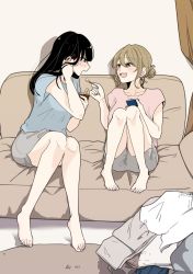 Rule 34 | 2girls, black eyes, black hair, blue shirt, blush, brown eyes, brown hair, character request, commentary request, copyright request, couch, feet, food, hair bun, highres, ice cream, long hair, milk 0522, multiple girls, nail polish, on couch, open mouth, original, pink nails, pink shirt, shirt, single hair bun, sitting, teeth, toes, upper teeth only, yuri