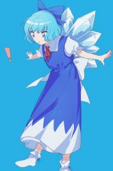 Rule 34 | !, 1girl, :o, adapted costume, ahoge, blue background, blue bow, blue dress, blue eyes, blue hair, bow, cirno, collared shirt, commentary, dress, dress shirt, frilled sleeves, frills, full body, hair bow, highres, ice, ice wings, leaning forward, leg up, long dress, looking down, neck ribbon, oito (bowstringsmall), open mouth, outstretched arms, outstretched hand, petticoat, pinafore dress, puffy short sleeves, puffy sleeves, red ribbon, ribbon, sash, shirt, short hair, short sleeves, simple background, sleeveless dress, socks, solo, spread arms, standing, standing on one leg, touhou, two-tone dress, undershirt, white bow, white dress, white sash, white shirt, white socks, wing collar, wings