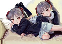 Rule 34 | 2girls, artist name, black footwear, black jacket, black socks, blazer, bow, brown eyes, closed mouth, commentary request, fkey, grey hair, hair bow, jacket, kneehighs, legs up, loafers, long hair, long sleeves, looking at viewer, lying, mole, mole under eye, multiple girls, no shoes, on side, on stomach, original, pillow, pleated skirt, red bow, shoes, siblings, signature, sisters, skirt, sleeves past wrists, smile, socks, twintails, white skirt