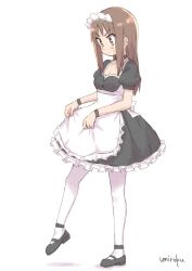 Rule 34 | 1girl, adjusting clothes, alternate costume, apron, artist name, black footwear, blush, brown eyes, brown hair, choker, enmaided, frilled apron, frilled skirt, frills, from side, full body, highres, leg lift, long hair, maid, maid apron, maid headdress, okano kei, pantyhose, puffy sleeves, shoes, short sleeves, skirt, solo, sweatdrop, umiroku, v-shaped eyebrows, white apron, white background, white pantyhose, yuyushiki