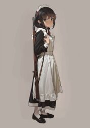 Rule 34 | 1girl, absurdres, adjusting strap, apron, black dress, black footwear, black hair, bolt action, closed mouth, dress, frilled apron, frilled hairband, frills, from side, full body, garoppui, grey background, gun, gun sling, hairband, hand up, highres, light frown, loafers, long dress, long hair, long sleeves, looking at viewer, looking to the side, low twintails, maid, maid apron, maid headdress, mauser 98, neck ribbon, original, pantyhose, puffy long sleeves, puffy sleeves, raised eyebrow, red ribbon, ribbon, rifle, shoes, simple background, sleeve cuffs, solo, standing, twintails, weapon, weapon request, white apron, white hairband, white pantyhose, yellow eyes