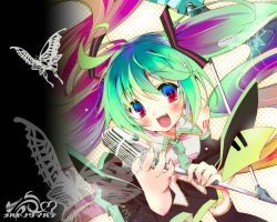 Rule 34 | 1girl, blush, bug, butterfly, colorful, detached sleeves, green nails, hatsune miku, bug, kamiya yuu, long hair, microphone, microphone stand, multicolored hair, nail polish, necktie, solo, thighhighs, twintails, very long hair, vocaloid
