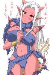 Rule 34 | 1girl, blush, bracelet, breasts, cleavage, colored skin, dragon quest, dragon quest x, frown, head tilt, horns, jewelry, large breasts, long hair, navel, ogre (dq10), pointy ears, red eyes, red skin, shimusu, simple background, solo, tail, torn clothes, translation request, white background, white hair