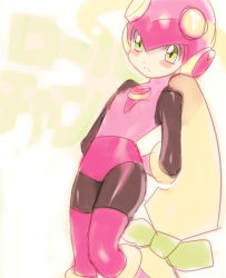 Rule 34 | 1girl, android, arms behind back, blurry, blurry background, blush, bodysuit, boots, dutch angle, flat chest, frown, gloves, green eyes, heart, helmet, highres, looking at viewer, mega man (series), mega man battle network, pink gloves, pink headwear, roll.exe (mega man), skin tight, solo, tagme, white background, yellow background