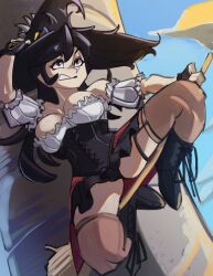 Rule 34 | 1girl, absurdres, black hair, blue background, bodice, breasts, broom, broom riding, cowboy shot, filia (skullgirls), fingerless gloves, garter straps, gloves, halloween costume, hat, highres, large breasts, looking at viewer, moon, moxydraws, red eyes, skirt, skullgirls, smile, solo, thighhighs, upskirt, witch, witch hat