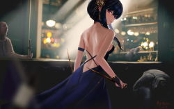 Rule 34 | 1girl, 3boys, back, backless dress, backless outfit, black dress, black hair, breasts, corpse, dagger, decapitation, dress, earrings, hair ornament, headless, highres, holding, holding dagger, holding knife, holding weapon, indoors, jewelry, knife, looking at viewer, looking back, meginalter, multiple boys, red eyes, sleeveless, sleeveless dress, spy x family, stab, stiletto (weapon), sunlight, weapon, yor briar