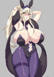 Rule 34 | 1girl, absurdres, animal ears, armpits, arms behind head, artoria pendragon (fate), artoria pendragon (lancer alter) (fate), artoria pendragon (swimsuit ruler) (fate) (cosplay), blonde hair, blue lips, blush, braid, breasts, cleavage, cosplay, crown, fake animal ears, fate/grand order, fate (series), fishnet pantyhose, fishnets, hair between eyes, high ponytail, highres, huge breasts, leotard, lipstick, looking at viewer, makeup, mature female, navel, necktie, pantyhose, playboy bunny, purple pantyhose, rabbit ears, solo, tavor (m tavor), yellow eyes