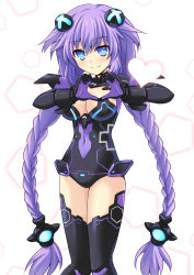 Rule 34 | 10s, 1girl, blue eyes, braid, breasts, cleavage, cleavage cutout, clothing cutout, cross (crossryou), female focus, hair ornament, heart, heart hands, leotard, long hair, looking at viewer, md5 mismatch, medium breasts, neptune (neptunia), neptune (series), purple hair, purple heart (neptunia), solo, standing, symbol-shaped pupils, thighhighs, twin braids
