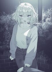Rule 34 | 1girl, absurdres, ahoge, blush, breasts, brick wall, bush, cardigan, clothes grab, denim, fate/grand order, fate (series), greyscale, hair between eyes, highres, jeanne d&#039;arc alter (fate), jeans, lamppost, large breasts, long sleeves, looking to the side, mitsurugi sugar, monochrome, open cardigan, open clothes, open mouth, pants, shirt, shirt tucked in, short hair, short hair with long locks, sleeve grab, sleeves past wrists, solo focus, standing, sweatdrop, tsundere