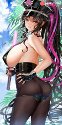Rule 34 | 1girl, ass, back, bare shoulders, bikini, black bikini, black gloves, black hair, black hat, black pantyhose, blue sky, blush, breasts, butt crack, facial mark, fate/grand order, fate (series), fingerless gloves, forehead mark, gloves, hat, highres, large breasts, long hair, looking at viewer, looking back, multicolored hair, necktie, palm tree, pantyhose, parted bangs, parted lips, peaked cap, pink hair, pink neckwear, piukute062, ponytail, sessyoin kiara, sessyoin kiara (swimsuit mooncancer), sessyoin kiara (swimsuit mooncancer) (second ascension), sideboob, sky, smile, streaked hair, swimsuit, thighs, traffic baton, tree, yellow eyes