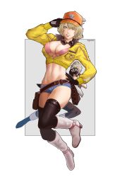 Rule 34 | 1boy, 1girl, absurdres, arm behind head, belt, bikini, black gloves, black pants, black thighhighs, blonde hair, blue shorts, boots, border, breasts, camera, cidney aurum, cleavage, cropped jacket, denim, denim shorts, final fantasy, final fantasy xv, fingerless gloves, floating, full body, gloves, goggles, goggles around neck, green eyes, grey background, grin, hair between eyes, hand on own hip, hat, highres, holding, holding camera, holding wrench, igusaharu, jacket, knee boots, large breasts, loose belt, midriff, navel, one eye closed, orange headwear, pants, pink bikini, prompto argentum, short hair, short shorts, shorts, smile, solo focus, square enix, swimsuit, taking picture, teeth, thighhighs, wavy hair, white footwear, wrench, yellow jacket