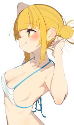 Rule 34 | 1girl, absurdres, arm up, armpits, bare shoulders, bikini, blonde hair, blunt bangs, blush, boku no hero academia, breasts, cleavage, closed mouth, collarbone, commentary, double bun, fang, hair bun, halterneck, hand in own hair, hand up, highres, linea alba, looking to the side, medium breasts, messy hair, profile, rasusurasu, short hair with long locks, sidelocks, simple background, skin fang, solo, straight hair, striped bikini, striped clothes, swimsuit, toga himiko, upper body, white background, white bikini, yellow eyes