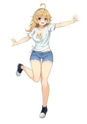 Rule 34 | 1girl, :d, ahoge, bare arms, bare legs, blonde hair, blue shorts, breasts, commission, denim, denim shorts, fang, front-tie top, full body, hair ornament, highres, kaosu kun, leg up, long hair, looking at viewer, medium breasts, midriff peek, open mouth, original, outstretched arms, purple eyes, shirt, shoes, short shorts, short sleeves, shorts, smile, sneakers, solo, standing, standing on one leg, thighs, transparent background, white shirt