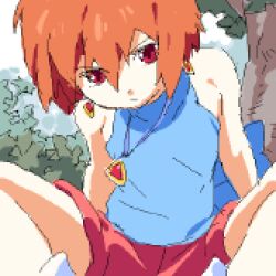 Rule 34 | back bow, bad source, blue bow, bow, brown hair, crystania, drop earrings, earrings, jewelry, lowres, matsuo yuusuke, necklace, raifan (crystania), red eyes, red shorts, short hair, shorts, sitting, sky, solo, tree