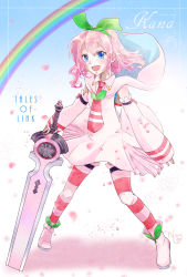 Rule 34 | 1girl, artist name, blue eyes, blush, bow, character name, copyright name, hanon (nonty), kana (tales), leaf, necktie, open mouth, petals, pink hair, rainbow, solo, sword, tales of (series), tales of link, thighhighs, weapon
