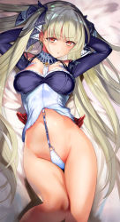 Rule 34 | 1girl, :o, arms behind head, azur lane, between breasts, blonde hair, blush, breasts, earrings, formidable (azur lane), frills, groin, hair ribbon, jewelry, large breasts, long hair, long sleeves, looking at viewer, lying, metallican, o-ring, on back, purple shirt, red eyes, revealing clothes, ribbon, rigging, shirt, solo, twintails, very long hair