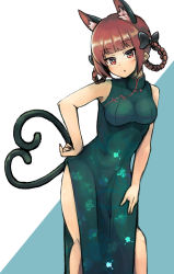 Rule 34 | 1girl, adapted costume, alternate hairstyle, animal ears, bow, braid, cat ears, cat tail, china dress, chinese clothes, dress, duplicate, floral print, ginnkei, green dress, hair bow, hand on own hip, highres, kaenbyou rin, multiple tails, nekomata, pixel-perfect duplicate, red eyes, red hair, solo, tail, touhou, twin braids, two tails