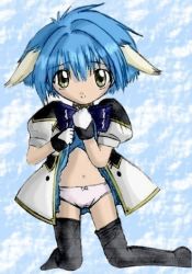 Rule 34 | 00s, 1girl, animal ears, blue hair, bow, bow panties, clothes lift, dress, dress lift, galaxy angel, gloves, green eyes, kneeling, looking at viewer, mint blancmanche, panties, puffy sleeves, short dress, short hair, solo, thighhighs, underwear, white panties, yellow eyes