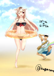 Rule 34 | 10s, 1boy, 1girl, :d, admiral (kancolle), barefoot, beach, bikini, black bikini, blonde hair, breasts, cleavage, cloud, cloudy sky, day, gradient hair, hair flaps, hair ornament, hair ribbon, hairclip, hat, highres, innertube, kantai collection, kuga zankurou, large breasts, long hair, messy hair, multicolored hair, one eye closed, open mouth, outdoors, peaked cap, pink hair, red eyes, ribbon, sandals, sky, smile, solo focus, swim ring, swimsuit, twitter username, yuudachi (kancolle)