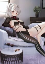 Rule 34 | 1girl, alcohol, asymmetrical legwear, black bra, black jacket, blush, bra, breasts, chocolate, coffee table, couch, cropped jacket, cup, drinking glass, hair intakes, highres, jacket, kana yukino, large breasts, long hair, looking at viewer, medium breasts, midriff, navel, necktie, on couch, original, pillow, red eyes, red necktie, sideboob, sidelocks, single leg pantyhose, sitting, solo, table, thigh strap, underwear, uneven legwear, white hair, wine, wine glass