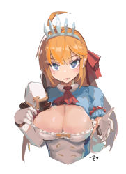 Rule 34 | 1girl, absurdres, ahoge, armor, ascot, blue eyes, blue shirt, breasts, chinese commentary, cleavage, cleavage cutout, clothing cutout, commentary request, gloves, highres, large breasts, long hair, looking at viewer, orange hair, parted lips, pecorine (princess connect!), princess connect!, reaching, reaching towards viewer, red ascot, shirt, shoulder armor, simple background, solo, tiara, upper body, white background, white gloves, white shirt, zygocactus