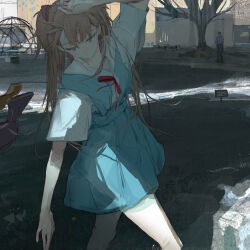 Rule 34 | 1boy, 1girl, absurdres, arm up, blue eyes, breasts, brown hair, closed mouth, evening, expressionless, highres, interface headset, long hair, looking at viewer, looking down, monochrome, neck ribbon, neon genesis evangelion, outdoors, paindude, ribbon, school uniform, shade, shirt, short sleeves, simple background, sketch, skirt, solo focus, souryuu asuka langley, standing, suspender skirt, suspenders, tokyo-3 middle school uniform, tree