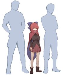 Rule 34 | 1girl, 2boys, black shirt, blouse, boots, bow, breasts, cape, commentary, faceless, faceless male, full body, hair bow, height difference, high collar, large breasts, miniskirt, multiple boys, red eyes, red hair, sekibanki, shirt, silhouette, simple background, skirt, standing, thighs, touhou, urin, white background