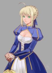 Rule 34 | 1girl, ahoge, artoria pendragon (all), artoria pendragon (fate), blonde hair, cleavage cutout, clothing cutout, dress, excalibur (fate/stay night), fate/stay night, fate (series), green eyes, hair ribbon, hands on hilt, juliet sleeves, long sleeves, planted, planted sword, planted weapon, puffy sleeves, ribbon, saber (fate), shirotsumekusa, simple background, smile, solo, sword, weapon
