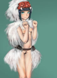 Rule 34 | 1girl, absurdres, arms up, belt, black hair, blue eyes, blunt bangs, breasts, cameltoe, fat mons, green background, headdress, highres, navel, nipples, nose, original, partially visible vulva, paw pose, pelt, senkou tobaku, short hair, simple background, small breasts, solo, standing, thong, upper body, wedgie