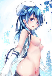 Rule 34 | 10s, 1girl, blue eyes, blue hair, breasts, clothes pull, female focus, gloves, hair bun, hat, kantai collection, long hair, looking at viewer, matching hair/eyes, navel, nipples, open mouth, partially undressed, ribbon, single hair bun, skirt, skirt pull, small breasts, solo, suishin tenra, suitenjh, text focus, translated, urakaze (kancolle), white hat