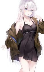 Rule 34 | 1girl, anastasia (fate), bare shoulders, black dress, blue eyes, blush, breasts, brown jacket, cleavage, collarbone, contemporary, dress, earrings, fate/grand order, fate (series), hair over one eye, highres, jacket, jewelry, large breasts, long hair, long sleeves, looking at viewer, off shoulder, open clothes, open jacket, open mouth, sai (saipoko), silver hair, simple background, thighs, white background
