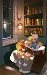 Rule 34 | 2boys, aged down, blonde hair, blurry, blush, book, bookshelf, carpet, child, collared shirt, couch, crossed legs, depth of field, dress shirt, ensemble stars!, foot dangle, grey hair, grey legwear, hair between eyes, hair over shoulder, hair ribbon, head on another&#039;s shoulder, highres, holding, holding book, holding stuffed toy, indoors, lantern, leaning on person, leaning to the side, long hair, long sleeves, looking away, male focus, multiple boys, night, no shoes, open book, outstretched arms, own hands together, pelt, pillow, ponytail, purple eyes, purple shirt, ran nagisa, reading, red eyes, ribbon, rrr (reason), shirt, short hair, side-by-side, sitting, smile, snow, socks, stuffed animal, stuffed rabbit, stuffed toy, sweater vest, tomoe hiyori, watermark, web address, white shirt, window