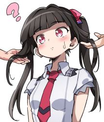 Rule 34 | 1girl, ?, black hair, blunt bangs, blush, chupirinko, closed mouth, collared shirt, commentary, frown, grey shirt, hair ribbon, long hair, lydian academy school uniform, necktie, out of frame, pink eyes, pink ribbon, red neckwear, ribbon, school uniform, senki zesshou symphogear, shirt, short sleeves, simple background, solo focus, sweatdrop, tsukuyomi shirabe, twintails, upper body, white background