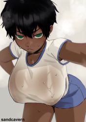 Rule 34 | 1girl, armpit peek, artist name, black hair, blue shorts, blurry, blush, breasts, bright pupils, cleavage, collarbone, commentary, covered erect nipples, cowboy shot, dark-skinned female, dark skin, depth of field, english commentary, green eyes, gym uniform, hair between eyes, hand on own hip, hanging breasts, huge breasts, large breasts, looking at viewer, messy hair, nipples, original, parted lips, ringed eyes, sandcasks, see-through, see-through shirt, shirt, short hair, short shorts, short sleeves, shorts, simple background, solo, steam, sweat, teeth, tsurime, wet, wet clothes, wet shirt, white background, white shirt