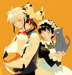 Rule 34 | 1boy, 1girl, :3, alternate costume, animal, animal on head, apron, black dress, black hair, bow, bowtie, breasts, buyo (inuyasha), calico, cat, climbing, closed eyes, closed mouth, collared dress, collared shirt, creator connection, crossover, dress, dress shirt, dyed bangs, enmaided, facial scar, frilled apron, frilled hairband, frills, grey vest, haimaru, hairband, hands up, holding, holding animal, in palm, inuyasha, kiba nanoka, kirara (inuyasha), long hair, long sleeves, looking at another, looking away, looking to the side, low ponytail, maid, maid apron, maid headdress, mao (mao), mao (takahashi rumiko), medium breasts, multiple tails, on head, one-eyed, ponytail, red bow, red bowtie, ribbon-trimmed hairband, roku (tsua-kihuyu), scar, scar on cheek, scar on face, shirt, short hair, sitting, smile, tail, two tails, upper body, vest, white apron, white hair, white shirt, wing collar, yellow background, yellow eyes, yellow theme