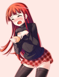 Rule 34 | 1girl, :o, aru (abyssinia), blush, breast padding, cleavage cutout, clothing cutout, embarrassed, closed eyes, highres, hime cut, idolmaster, idolmaster relations, long hair, meme attire, open-chest sweater, plaid, plaid skirt, red hair, skirt, solo, sweater, tears, thighhighs, tougouji reika, zettai ryouiki