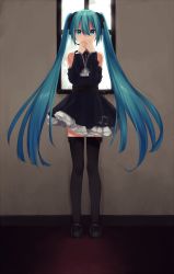 Rule 34 | 1girl, bad id, bad pixiv id, beamed eighth notes, black footwear, black ribbon, black thighhighs, blue eyes, blue hair, broken window, covering own mouth, detached sleeves, dress, engawa (l sv), frilled dress, frilled sleeves, frills, full body, hair between eyes, hair ribbon, hand to own mouth, hatsune miku, headset, highres, indoors, long hair, looking at viewer, mary janes, musical note, musical note print, ribbon, shoes, solo, standing, thighhighs, twintails, very long hair, vocaloid, window